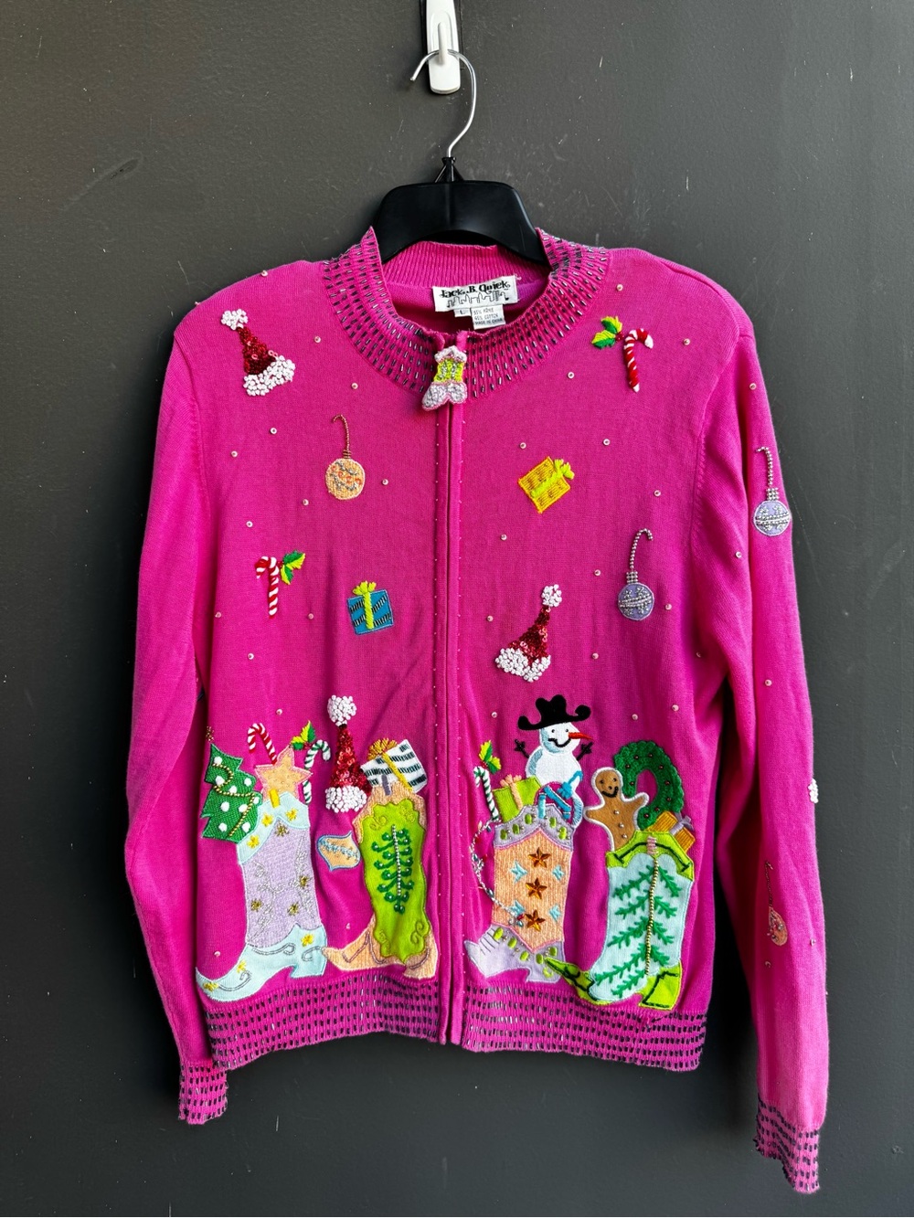 bright pink vintage western novelty Christmas embroidery cardigan